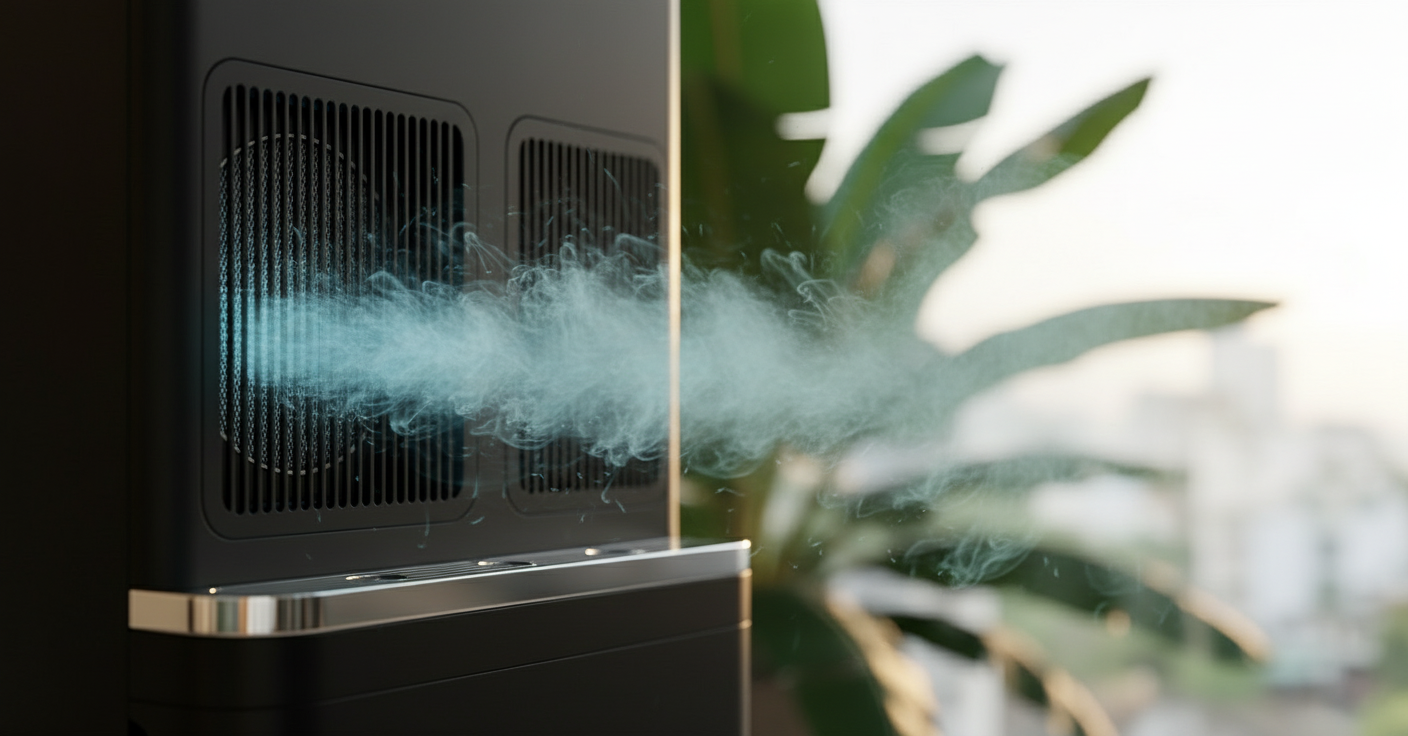 AEROVA atmospheric water generator air intake — humid atmosphere drawn into the unit through HEPA pre-filter
